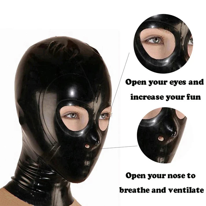Black Open-Eye-Nose Back-Zip Latex Hood