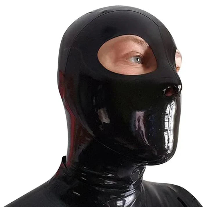 Black Open-Eye-Nose Back-Zip Latex Hood
