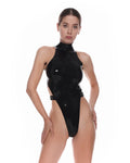 Black Adjustable Buckle-Strap Back-Zip Thong Latex Bodysuit