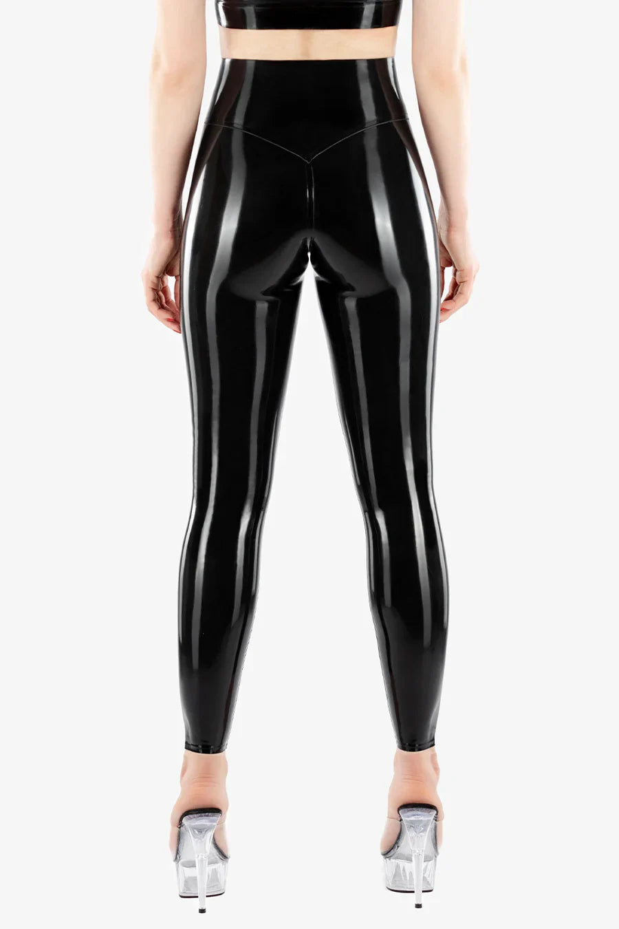 Black High-Waist V-Back Optional-Crotch-Zip Latex Leggings