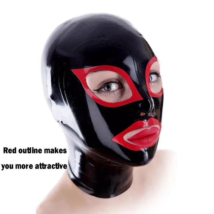 Black Red-Trim Open-Eye-Mouth Latex Hood