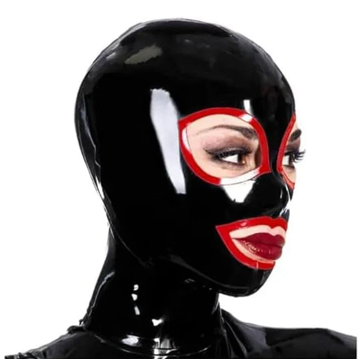 Black Red-Trim Open-Eye-Mouth Latex Hood