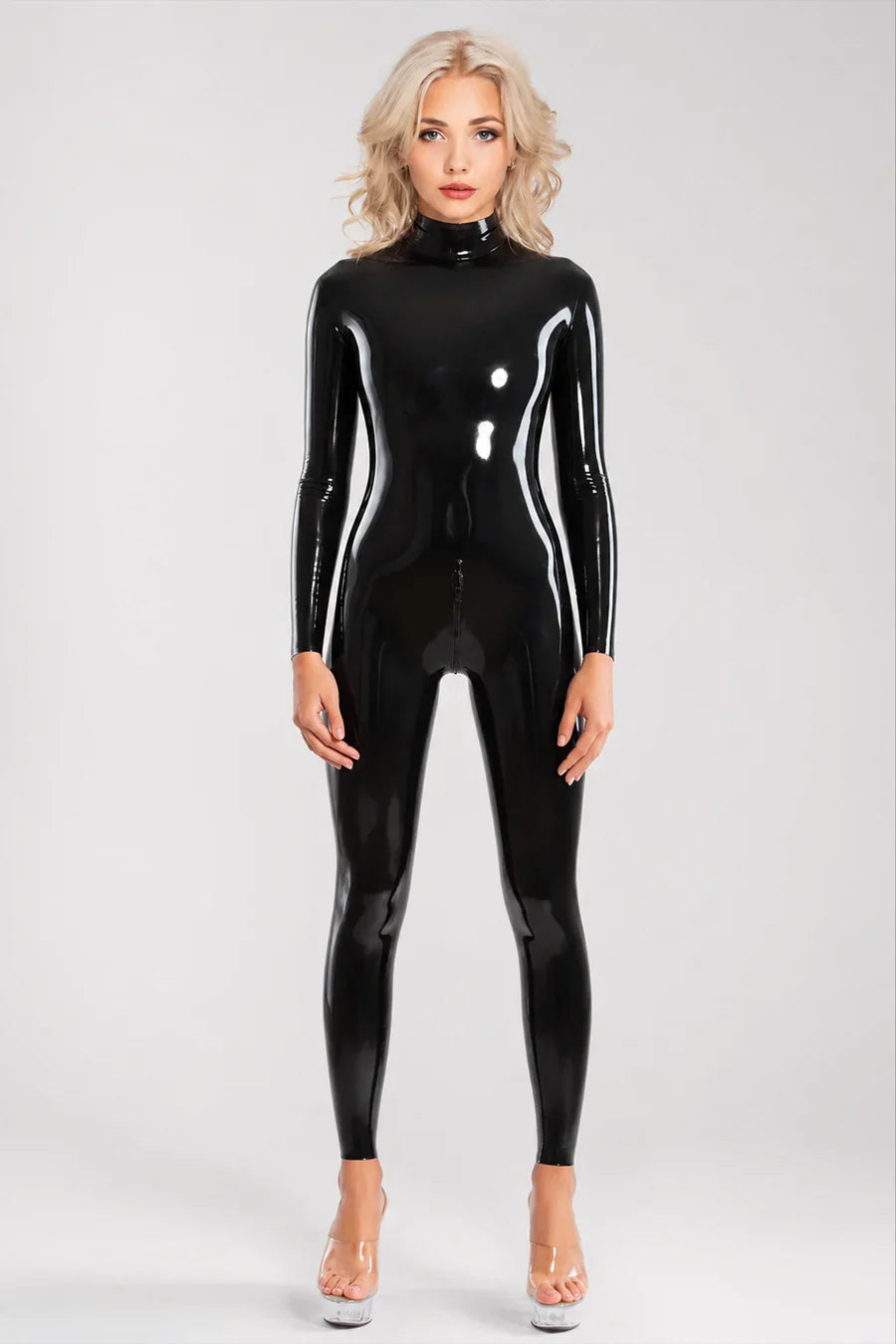 Black Neck-Entry Double-Slider Crotch-Zip Latex Catsuit