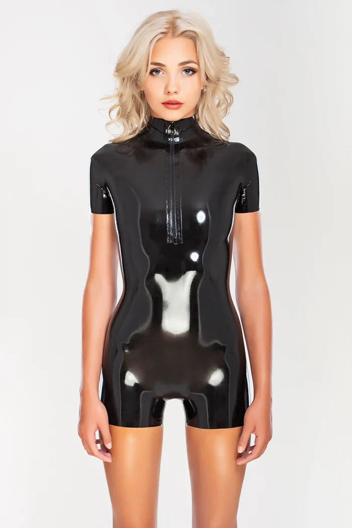 Black Sleeveless Short-Leg Front-Zip Latex Catsuit