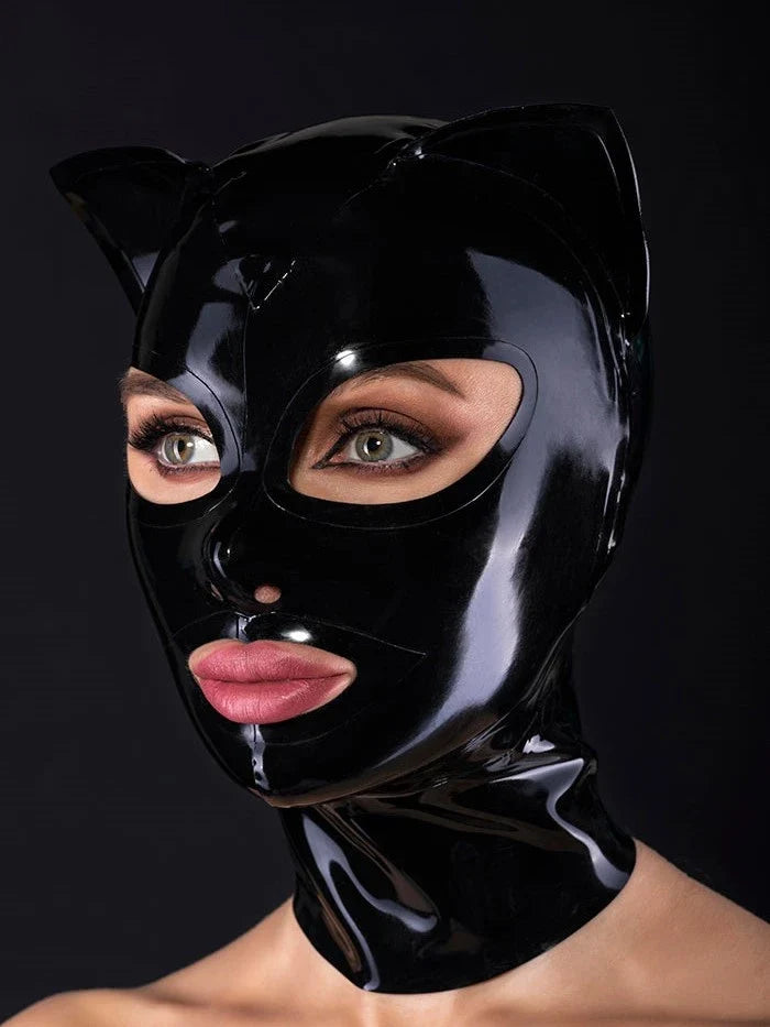 Black Cat-Style Eye-Mouth Zipped Latex Hood