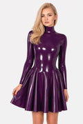 Damson Purple High-Collar Long-Sleeve Back-Zip Latex Fit-and-Flare Dress