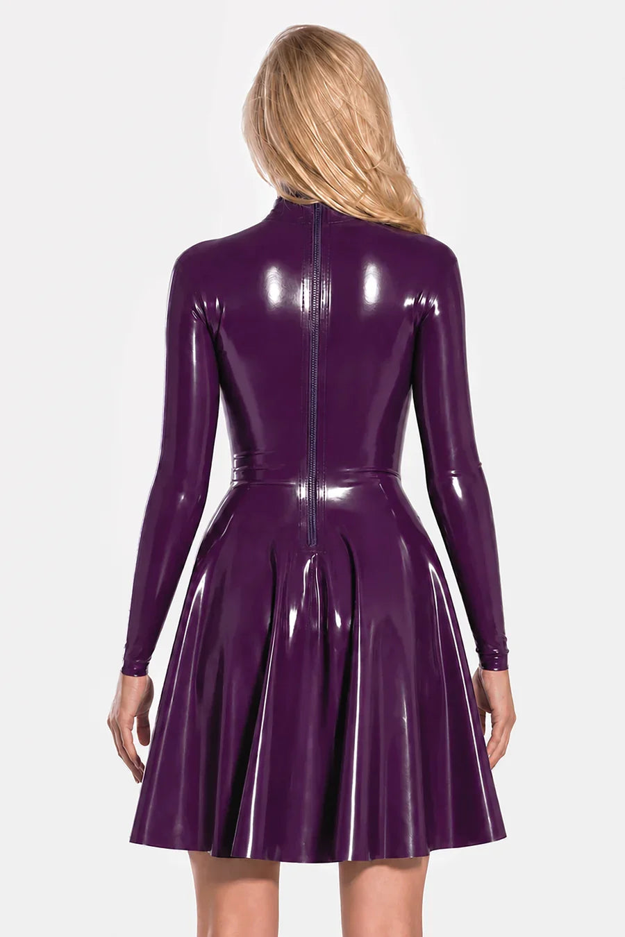 Damson Purple High-Collar Long-Sleeve Back-Zip Latex Fit-and-Flare Dress