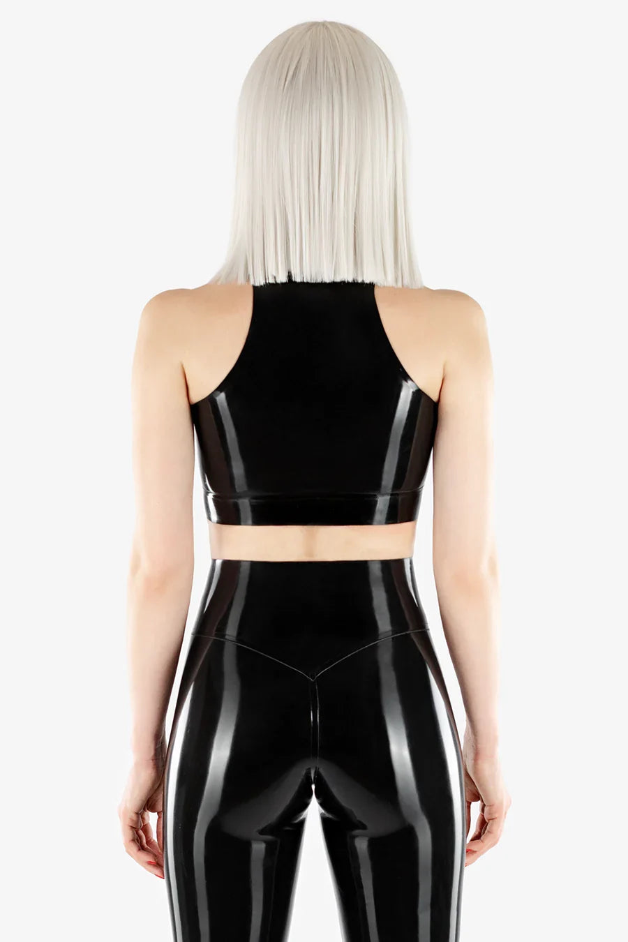 High-Collar Anatomical-Bust Concealed Front-Zip Latex Top