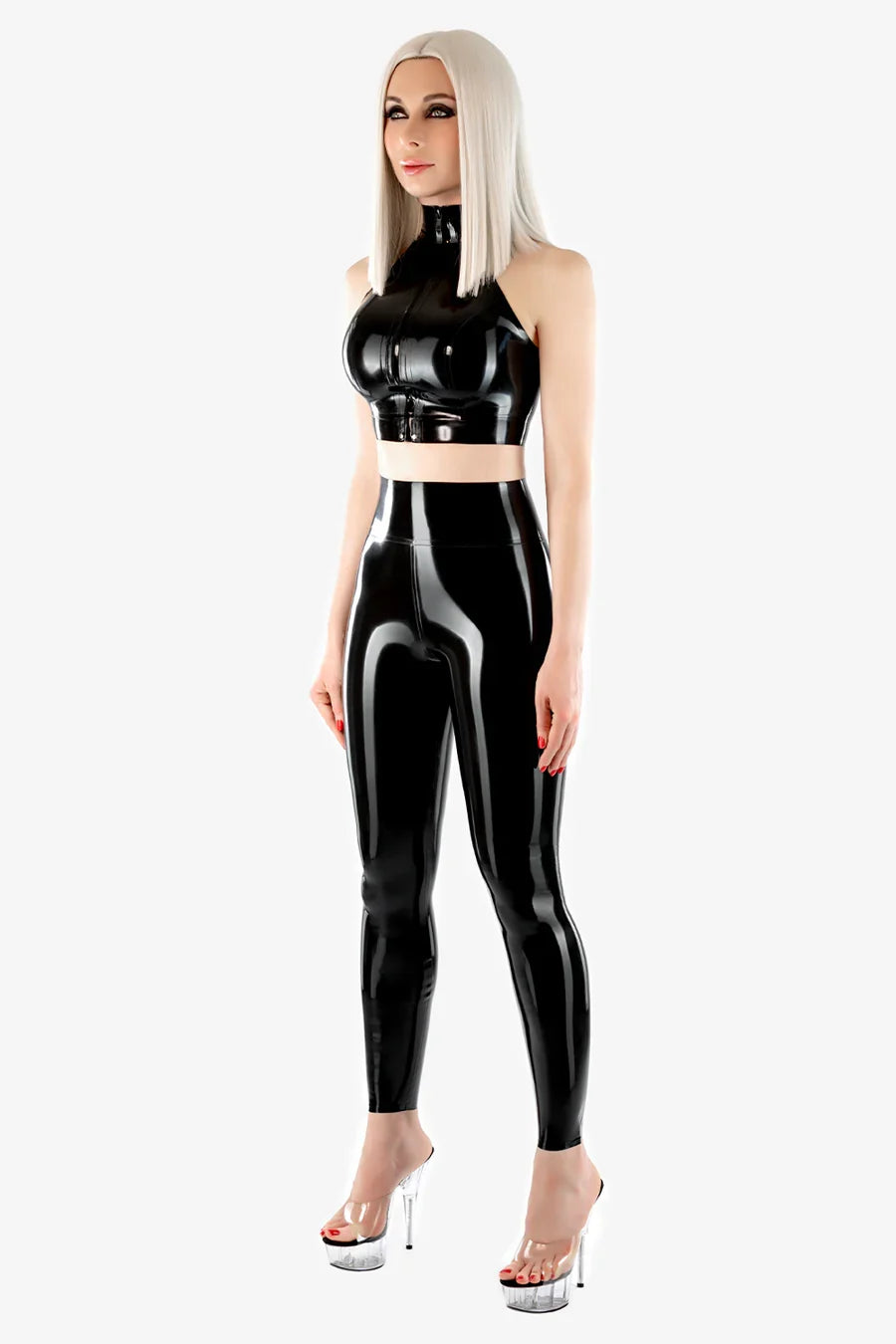 High-Collar Anatomical-Bust Concealed Front-Zip Latex Top