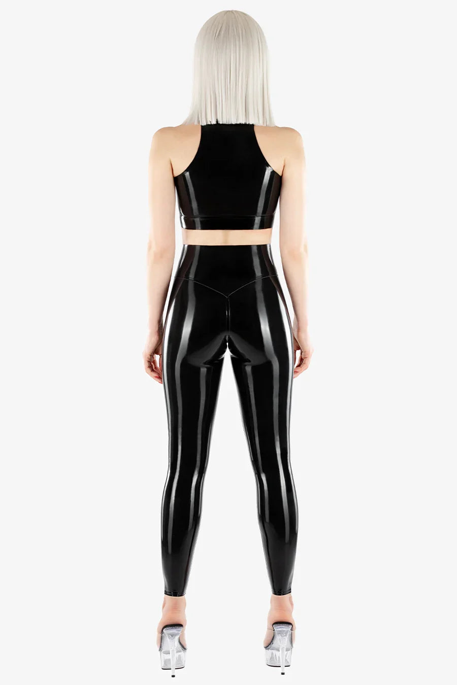 High-Collar Anatomical-Bust Concealed Front-Zip Latex Top