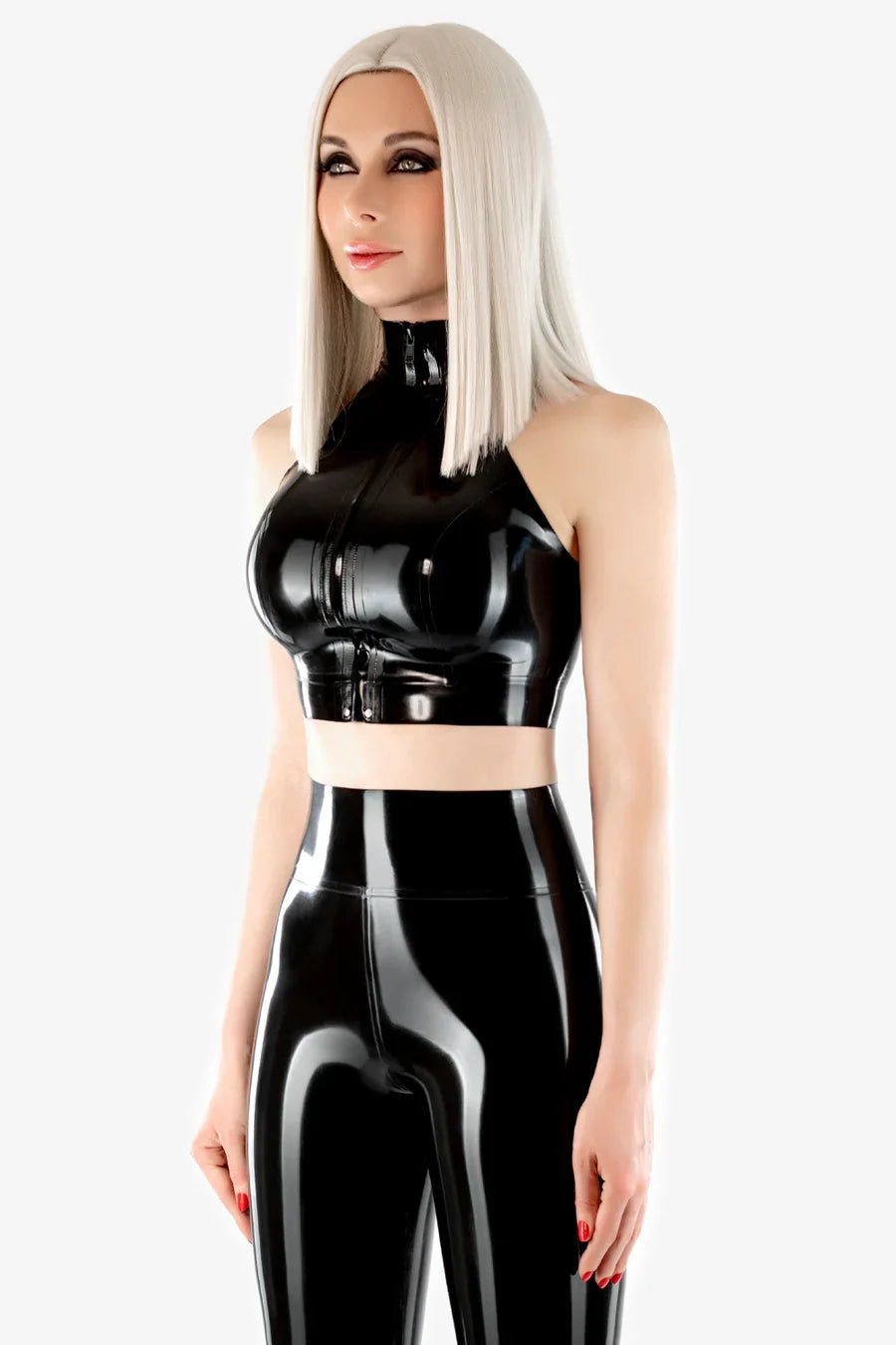 High-Collar Anatomical-Bust Concealed Front-Zip Latex Top