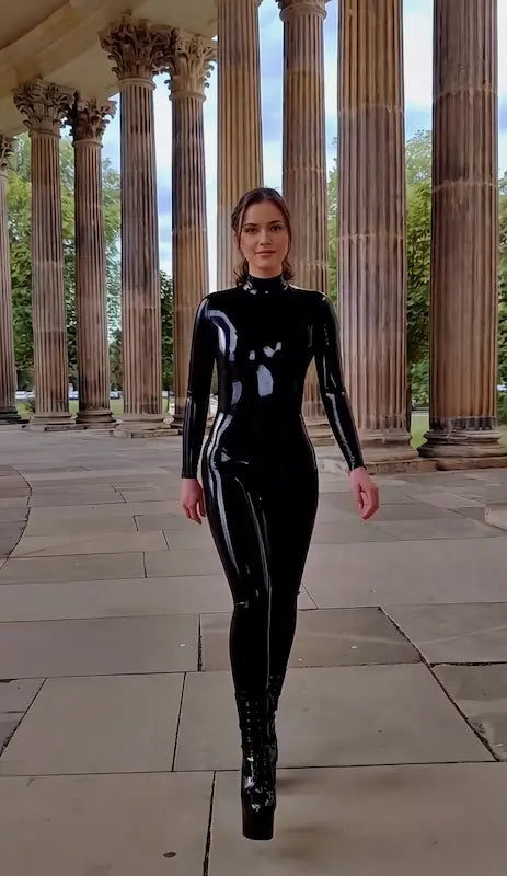 Black Neck-Entry Double-Slider Crotch-Zip Latex Catsuit
