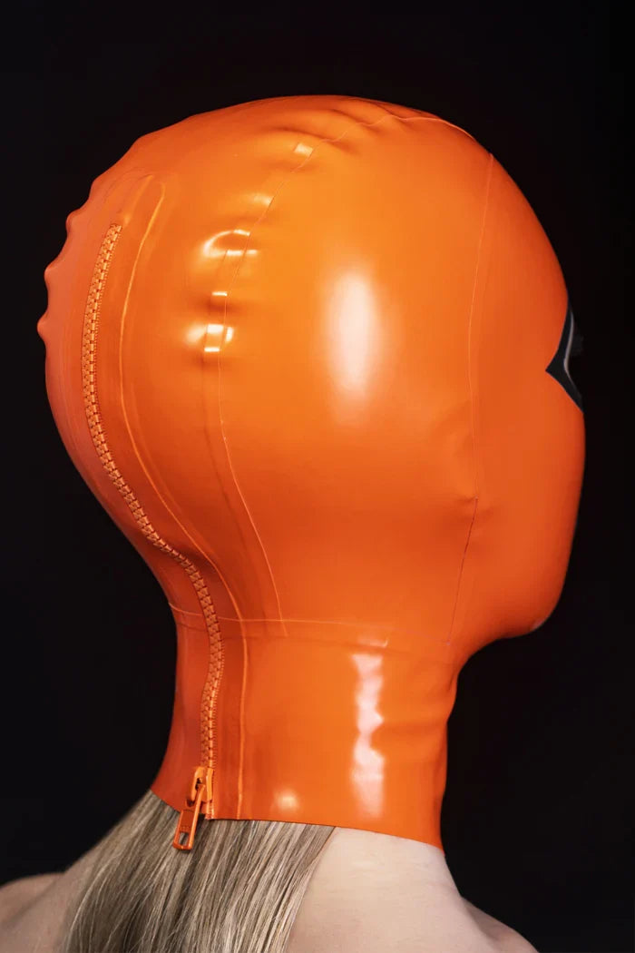 Orange Black-Trim Almond-Eye Lip-Opening Back-Zip Latex Hood