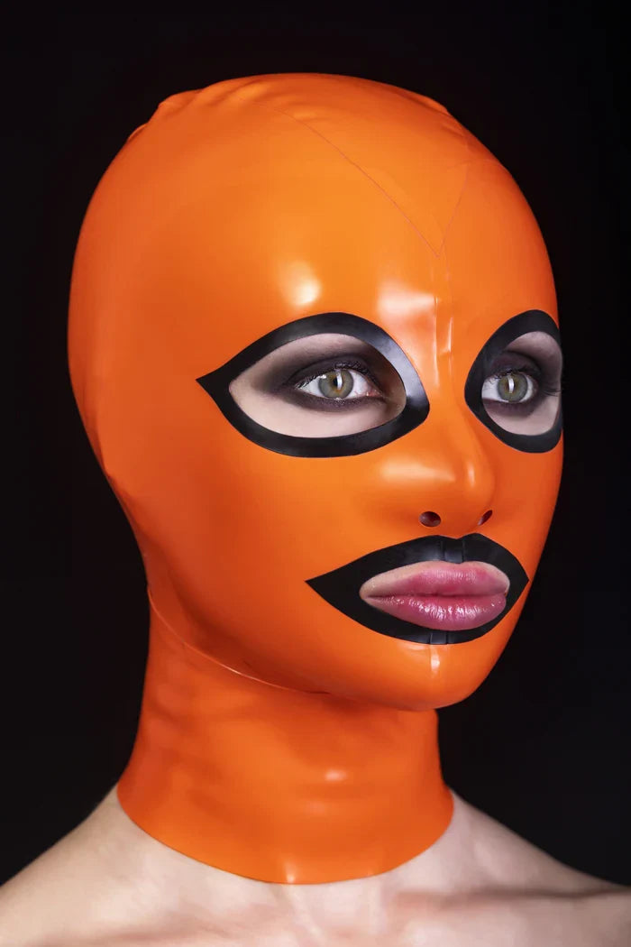 Orange Black-Trim Almond-Eye Lip-Opening Back-Zip Latex Hood