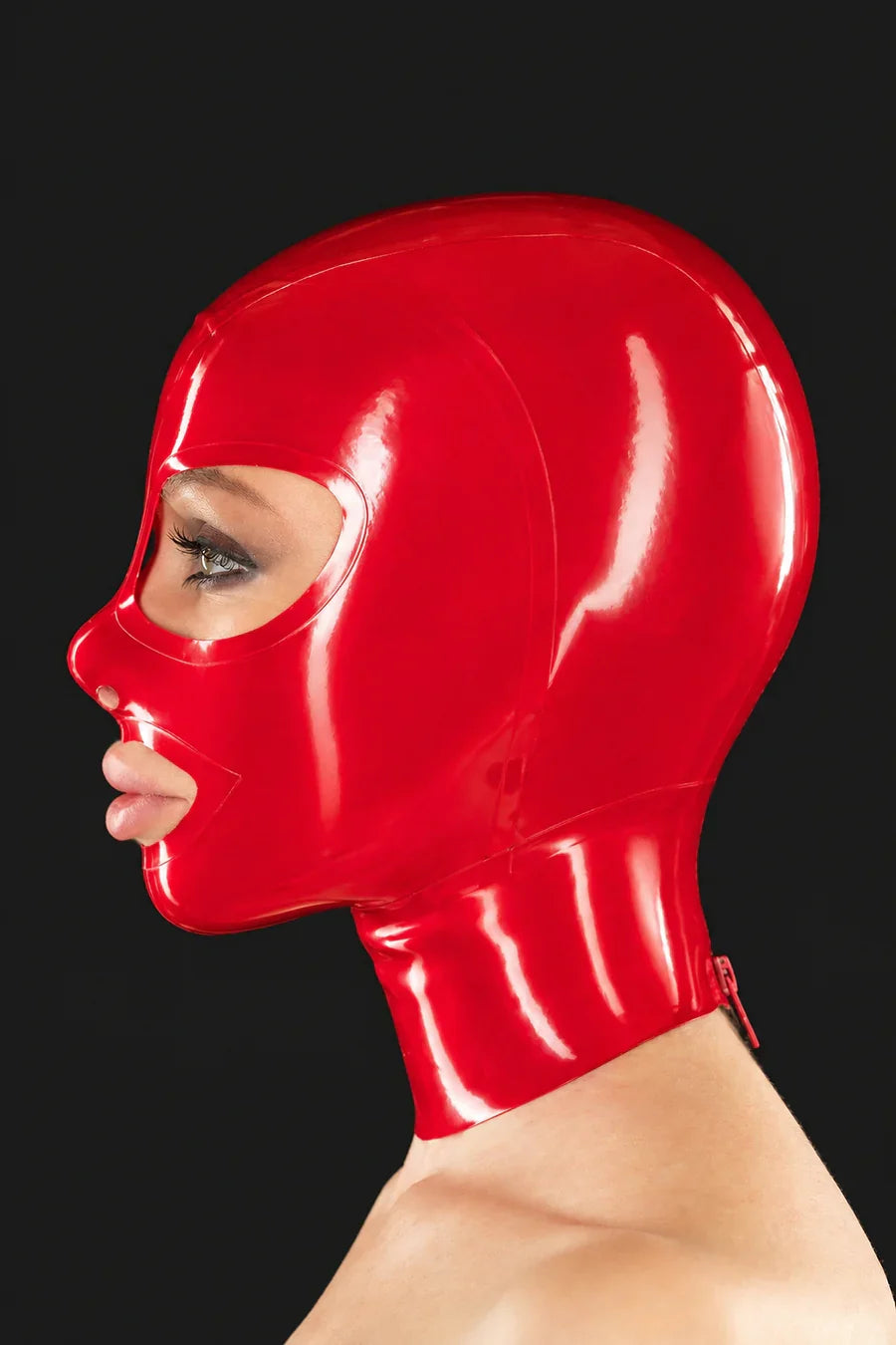 Contrast-Trim Face-Panel Eye-Nose-Mouth Back-Zip Latex Hood