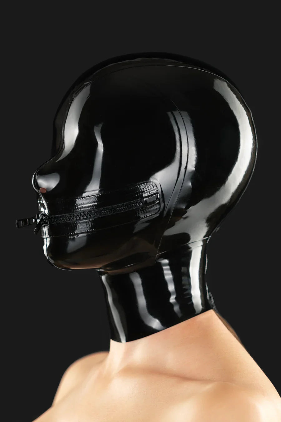 Two-Slider Mouth-Zip Nostril-Cutout Back-Zip Latex Hood