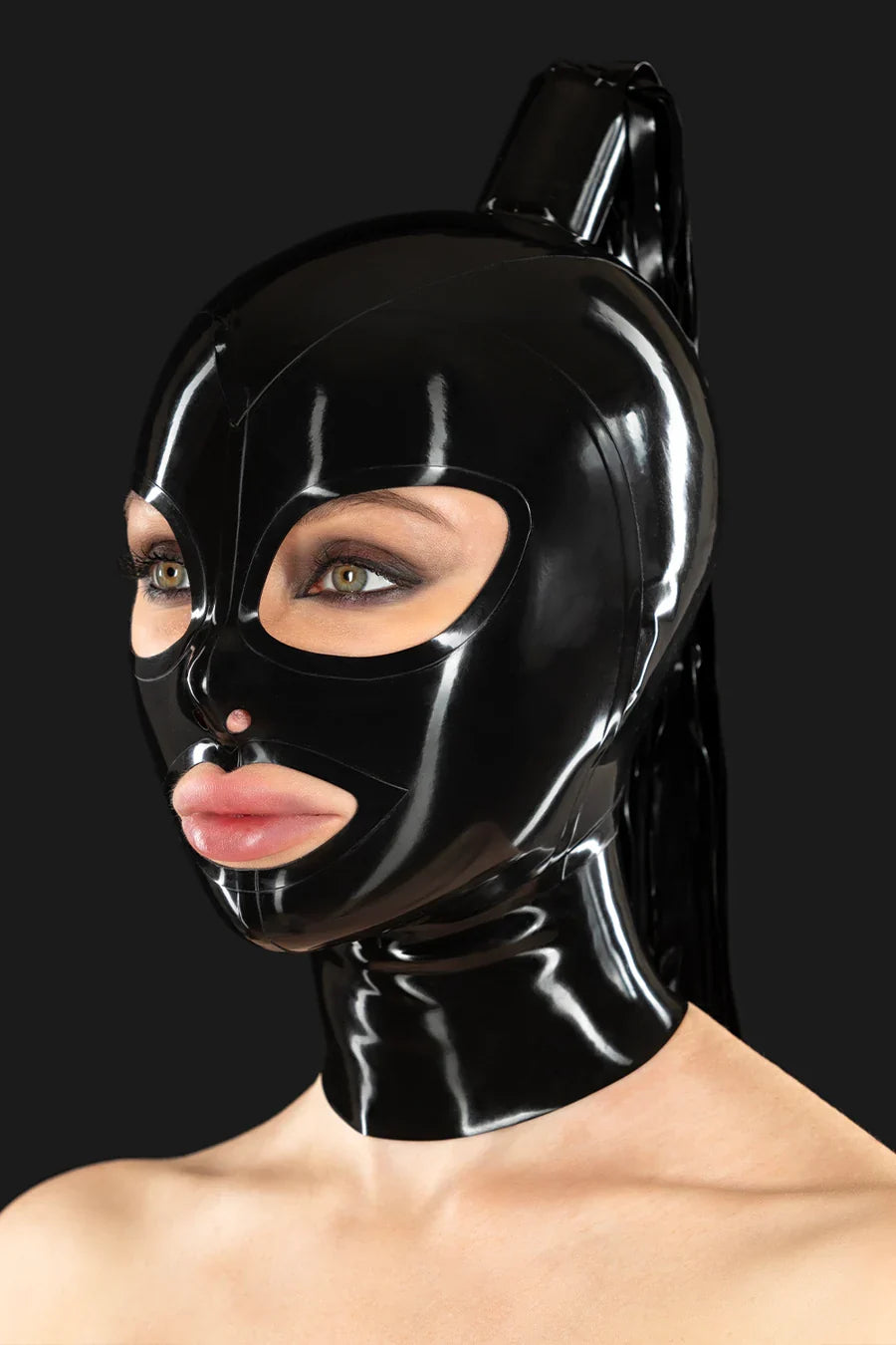 50cm Strip-Ponytail Eye-Mouth Back-Zip Latex Hood