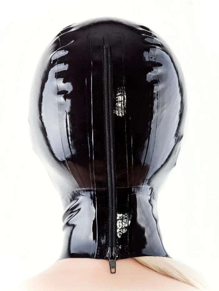 Black Mouth-Nostril Cutout Back-Zip Latex Hood