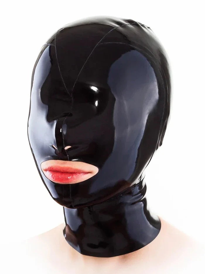 Black Mouth-Nostril Cutout Back-Zip Latex Hood