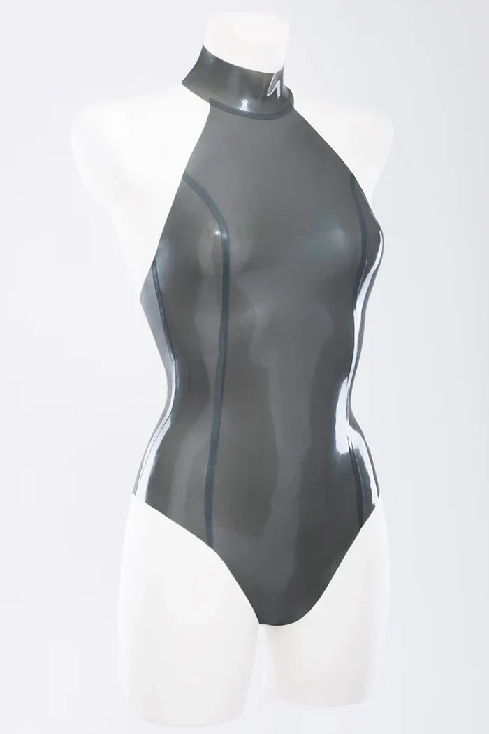 Metallic Silver High-Neck Bust-Shaping Optional-Crotch Latex Bodysuit