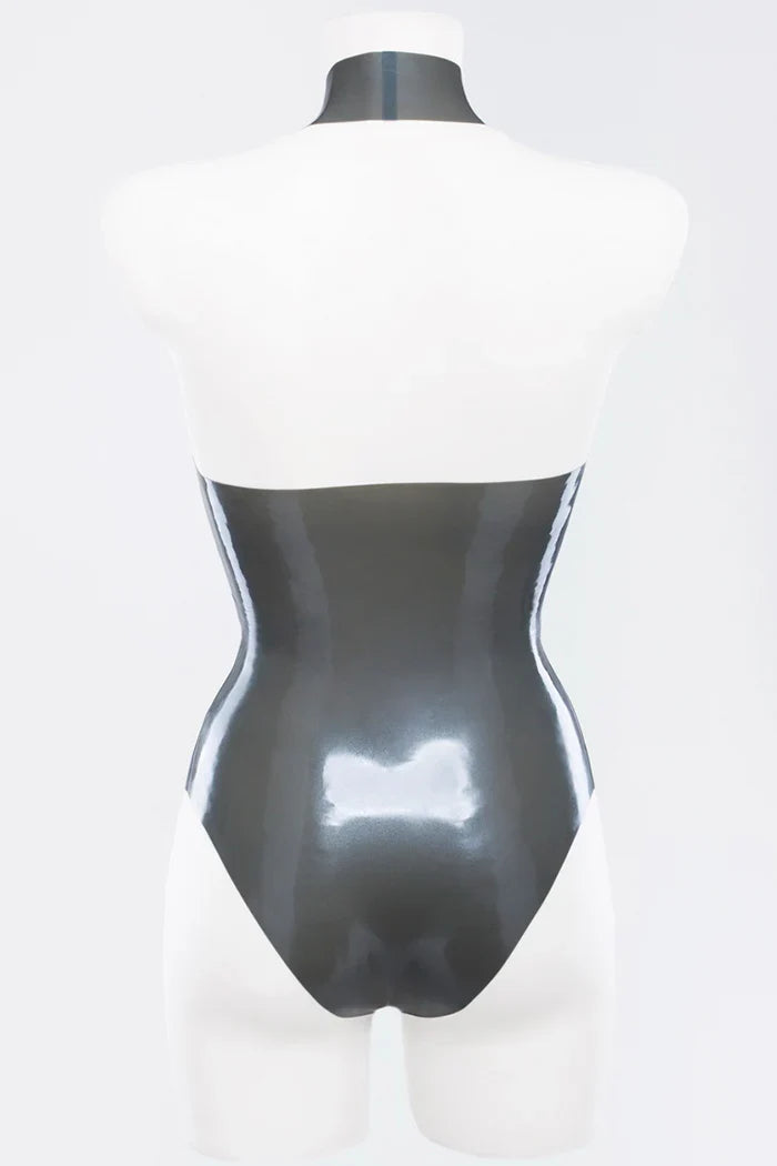 Metallic Silver High-Neck Bust-Shaping Optional-Crotch Latex Bodysuit