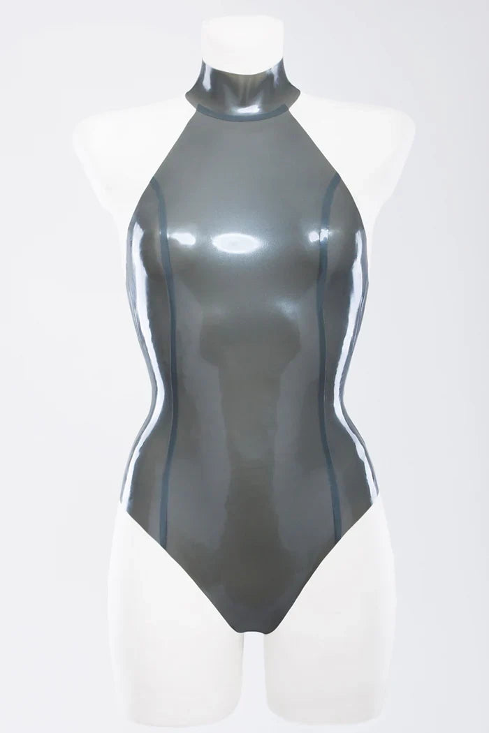 Metallic Silver High-Neck Bust-Shaping Optional-Crotch Latex Bodysuit