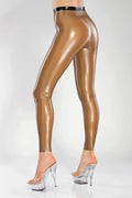 Metallic Old-Gold Black-Trim Optional-Crotch-Zip Latex Leggings