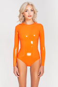 Orange Cup-Bust Deep-Neck Optional-Zip Thong Latex Bodysuit