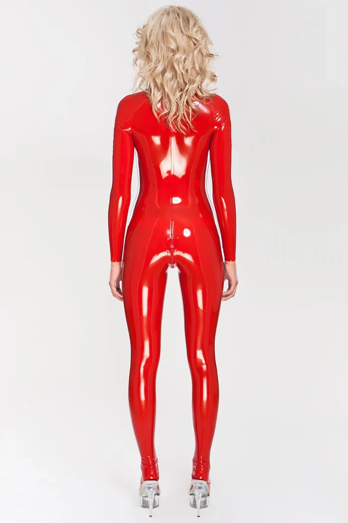 Red Molded-Cup Shoulder-Zip Crotch-Zip Footed Latex Catsuit