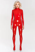 Red Molded-Cup Shoulder-Zip Crotch-Zip Footed Latex Catsuit