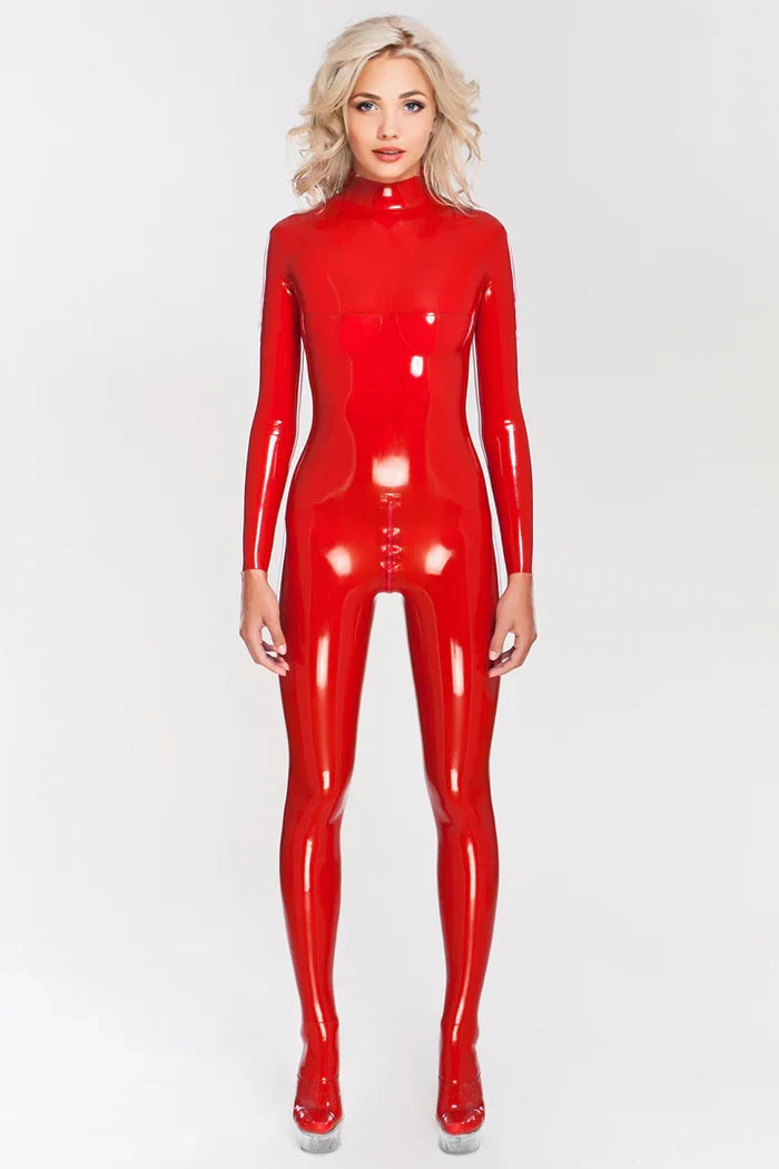 Red Molded-Cup Shoulder-Zip Crotch-Zip Footed Latex Catsuit