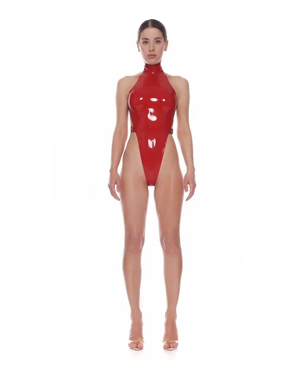Red High-Cut Open-Side Glossy Latex Bodysuit