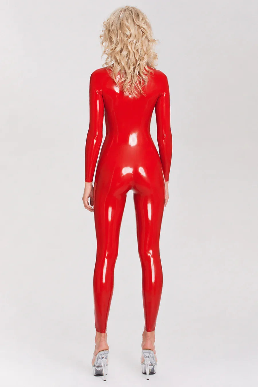 Red Neck-Entry Zipperless Optional-Zip Latex Catsuit