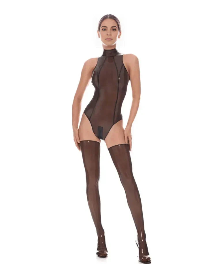 Trans Black High-Collar Translucent Latex Bodysuit