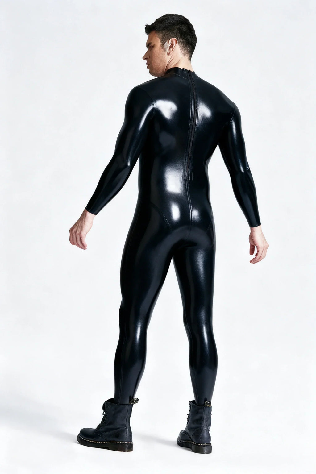 Black Anatomical-Pouch Mid-Neck Back-Zip Latex Catsuit