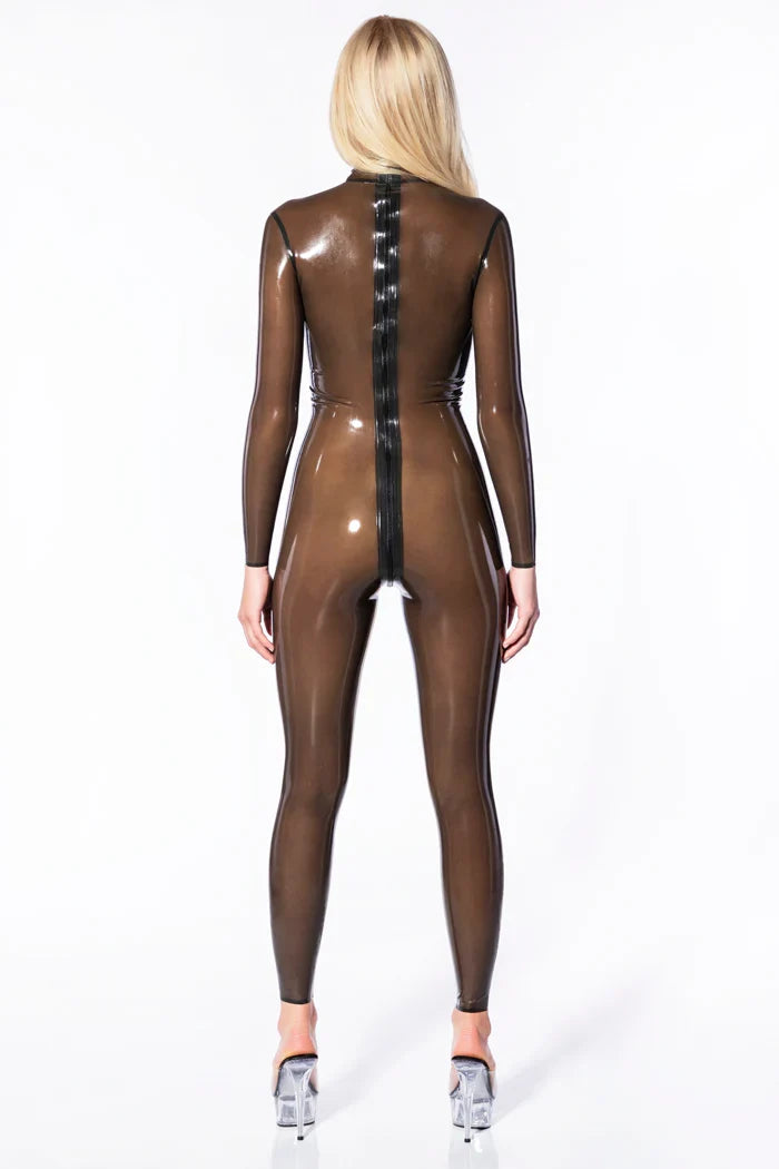 Translucent Smoke Minimal-Seam Three-Slider Full-Zip Latex Catsuit