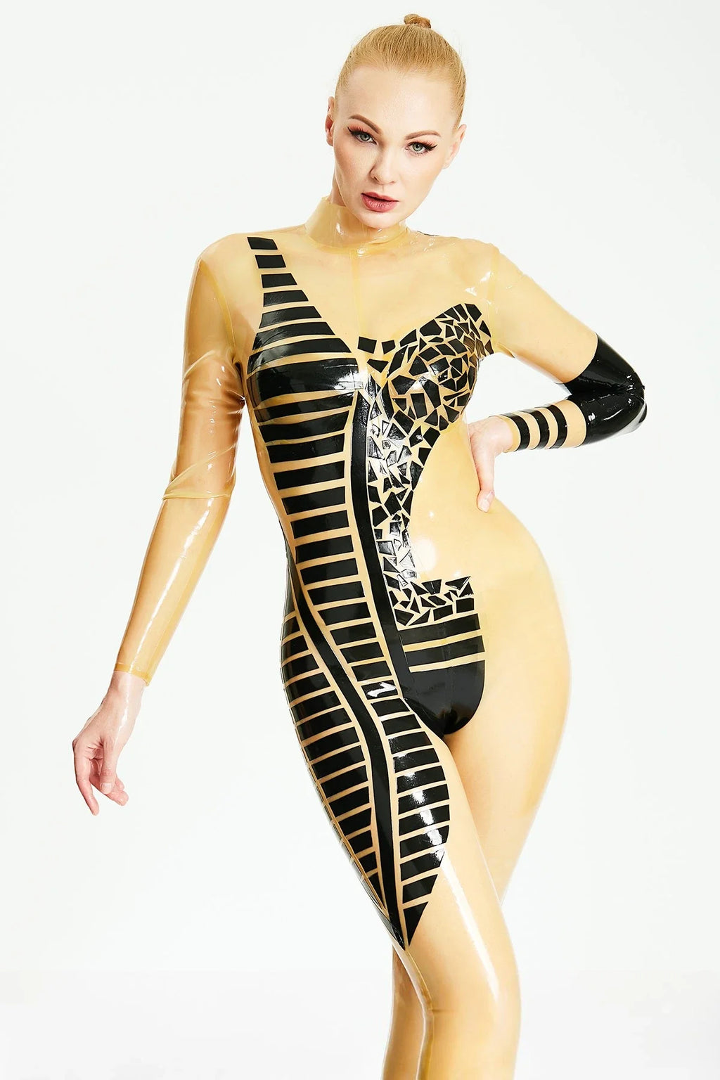 Translucent Natural & Black Afro-Zebro High-Neck Back-Zip Latex Catsuit