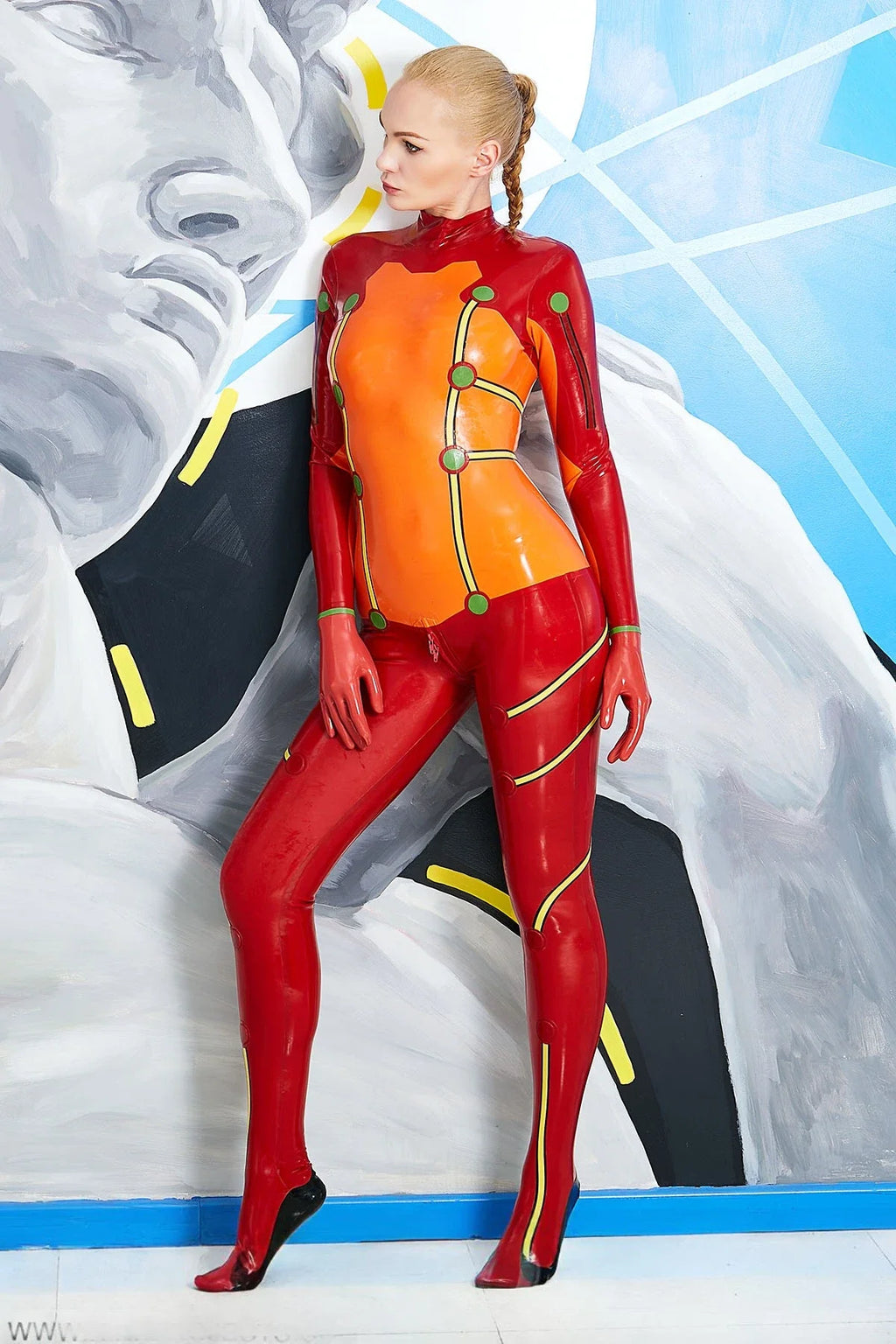 Orange & Red Astro Blaze High-Neck Back-Zip Latex Catsuit