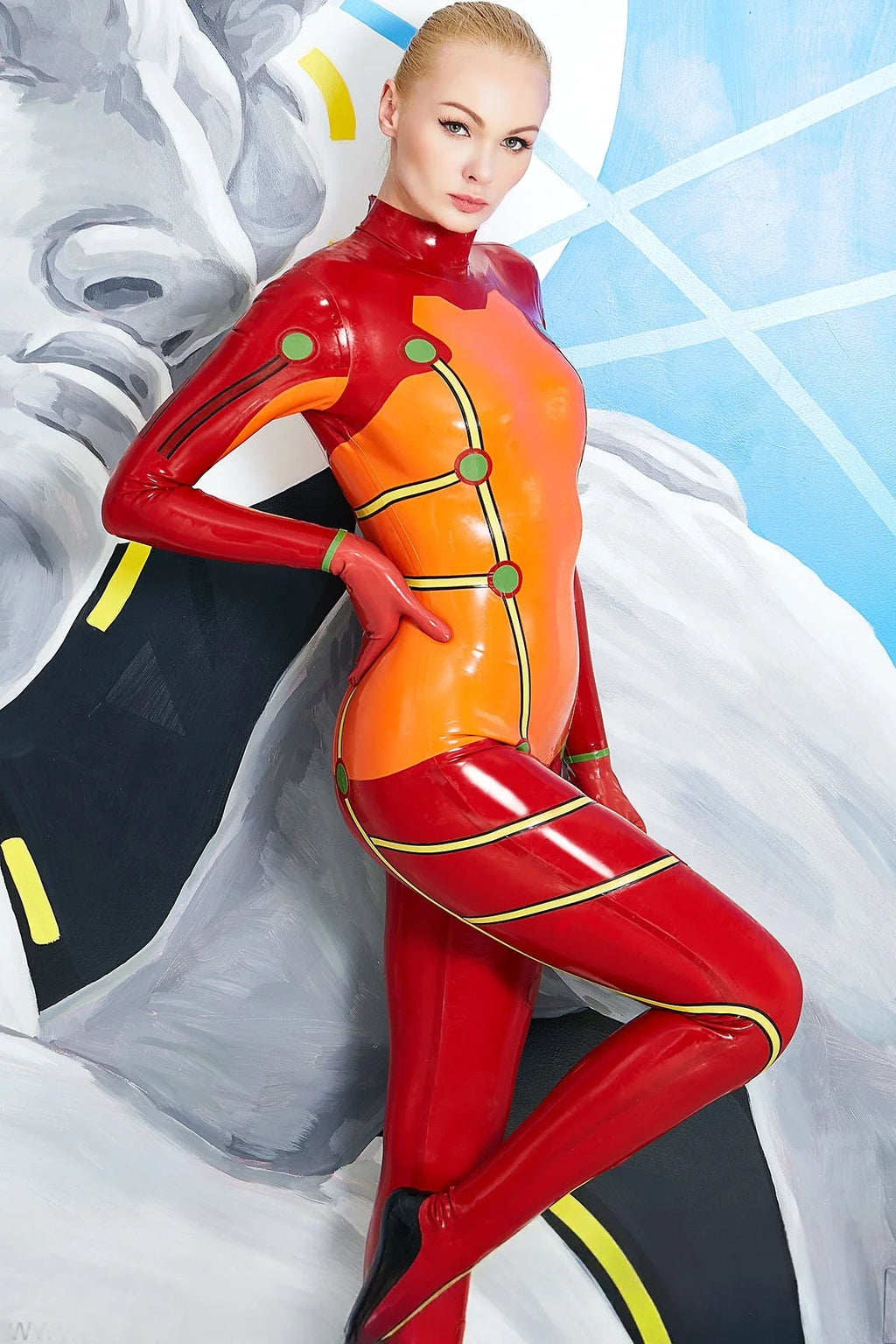 Orange & Red Astro Blaze High-Neck Back-Zip Latex Catsuit