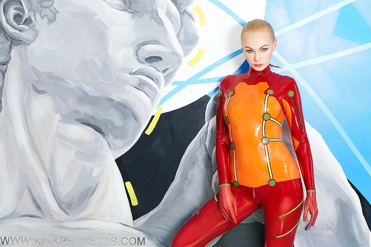 Orange & Red Astro Blaze High-Neck Back-Zip Latex Catsuit