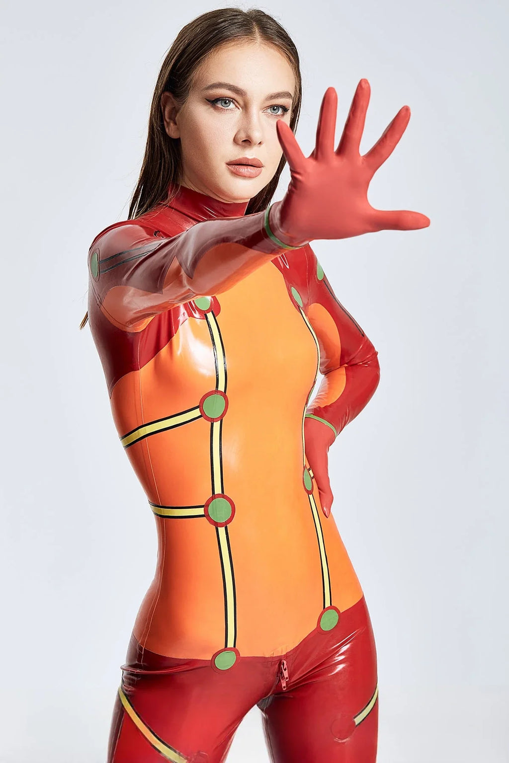 Orange & Red Astro Blaze High-Neck Back-Zip Latex Catsuit