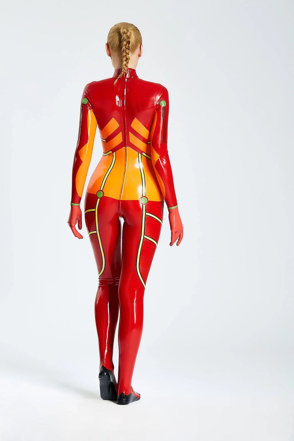 Orange & Red Astro Blaze High-Neck Back-Zip Latex Catsuit