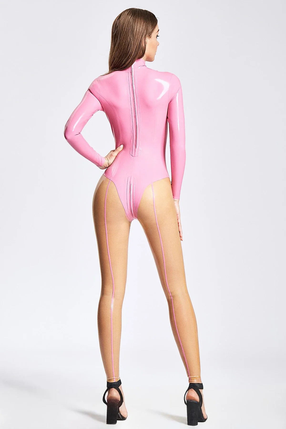 Bubblegum Pink & Translucent Natural Back-Seamed 3-Way Crotch Zip Latex Catsuit