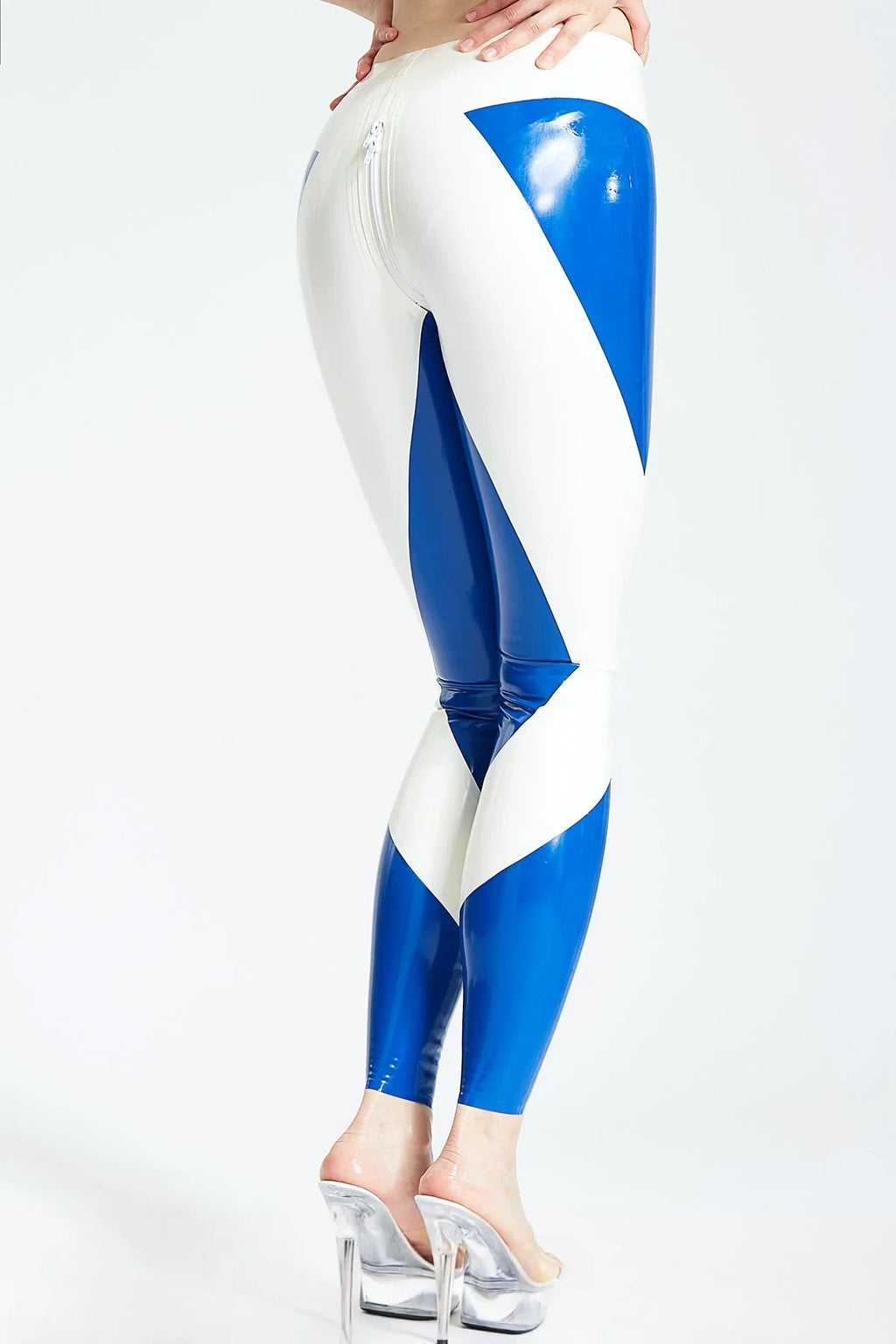 Middle Blue & Pure White Big-X Through-Crotch-Zip Latex Leggings