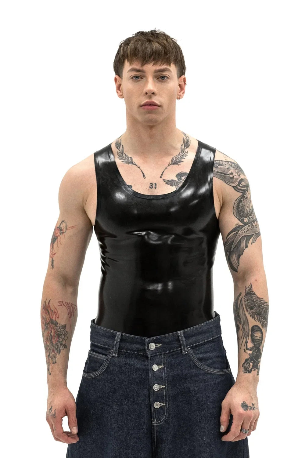 Black Y-Vest Bodycon Pull-On Latex Top