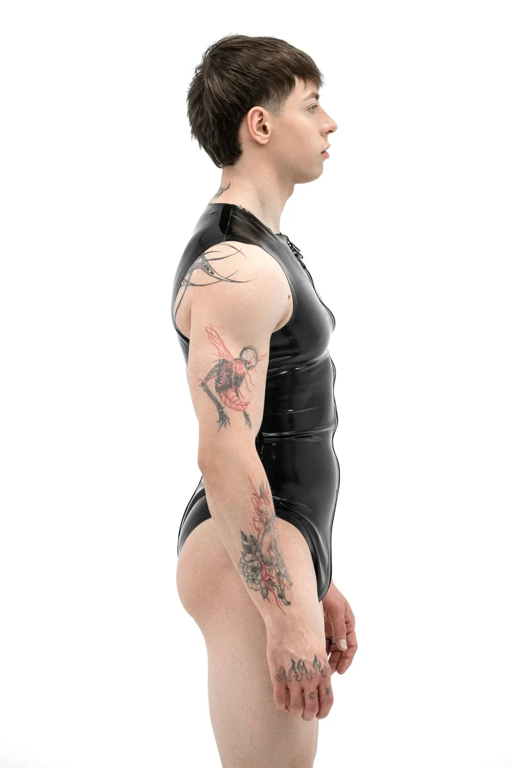 Black Form-Fitting Front-Zip Latex Bodysuit