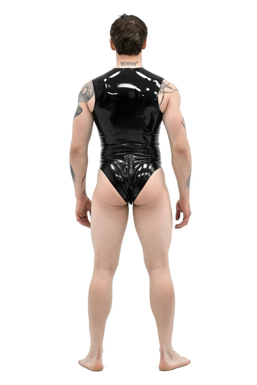 Black Form-Fitting Front-Zip Latex Bodysuit