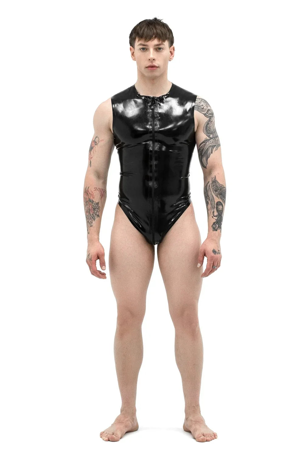 Black Form-Fitting Front-Zip Latex Bodysuit