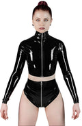 Black High-Neck Long-Sleeve Front-Zip Latex Crop Top