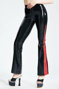 Black & Red Flared Spiked-Panel Front-Zip Latex Jeans